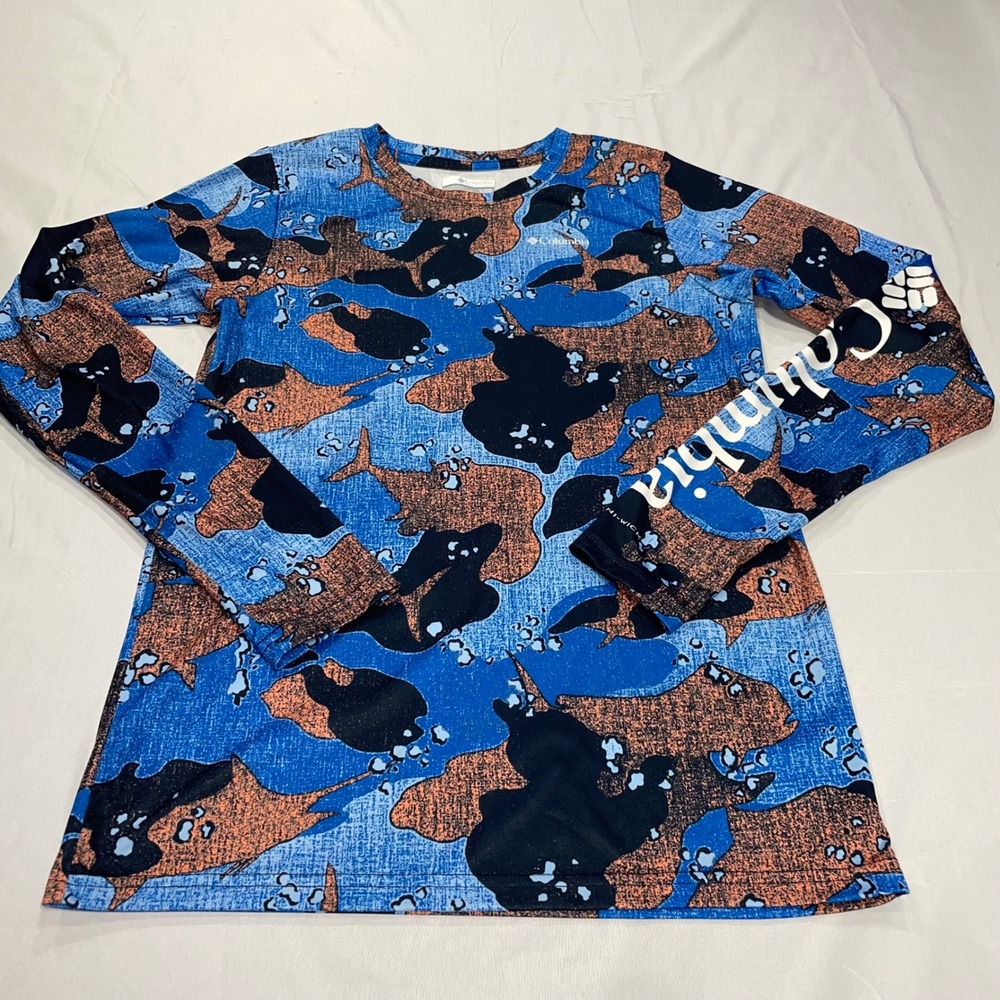 Columbia PFG Kids XL 18/20 Blue Orange Fish Camo Omni-Wick Long Sleeve Shirt